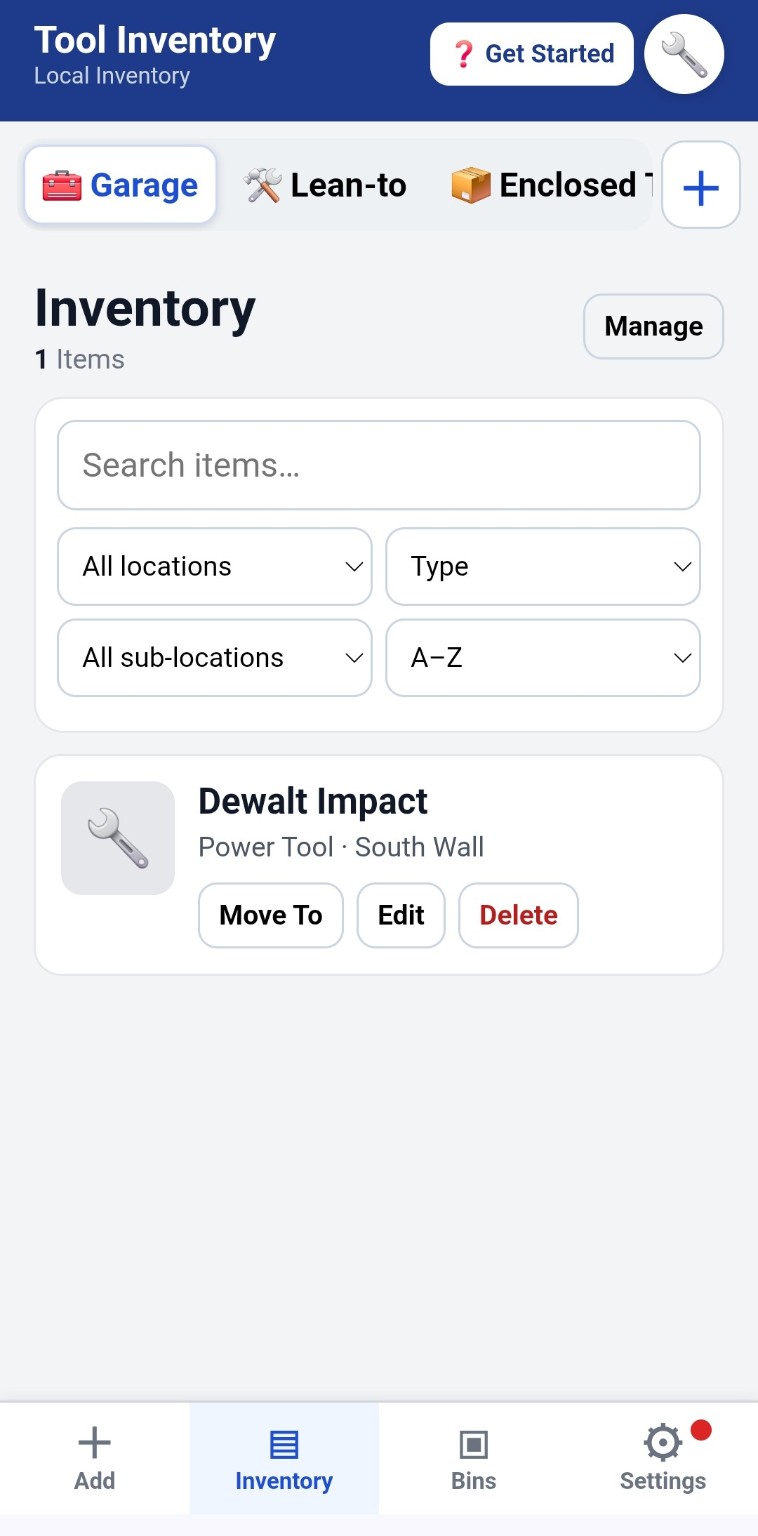 Tool Inventory app showing inventory locations, filters and a DeWalt impact tool